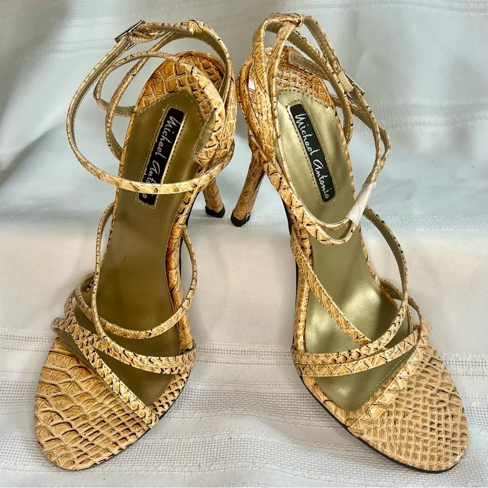 Michael Antonio Strappy Stilettos Snakeskin‎ Reptile Heeled Sandals Sz 7 NIB